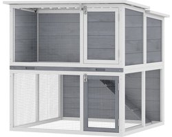 Konijnenhok met ren – Compact konijnenhok voor buiten met 2 verdiepingen en nachthok – 98x95x102,5 – Grijs