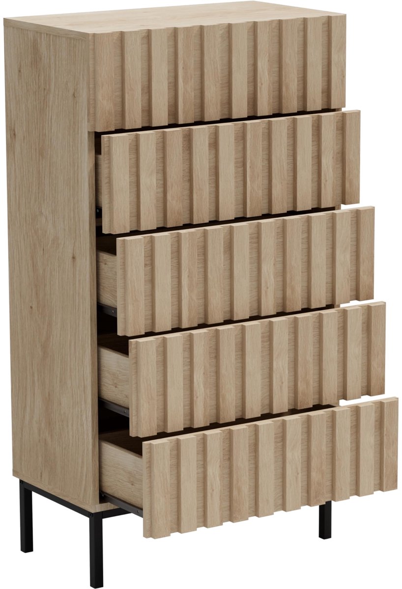 UEV Commode met 5 lades, 60x34x110cm, Opbergkast, Moderne kast, Dressoir met lades, Smalle commode, Kast voor woonkamer, slaapkamer, hal (Natuurlijk)