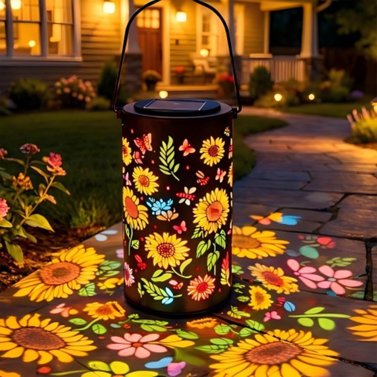 Zonne-energie Lantaarn - Metalen Hanglamp voor Tuin - Waterdichte Buitenverlichting - Retro LED Lantaarn voor Erf Terras en Pad - Tuin- en Landschapsdecoratie - 1 Stuk - Zonnebloem Design