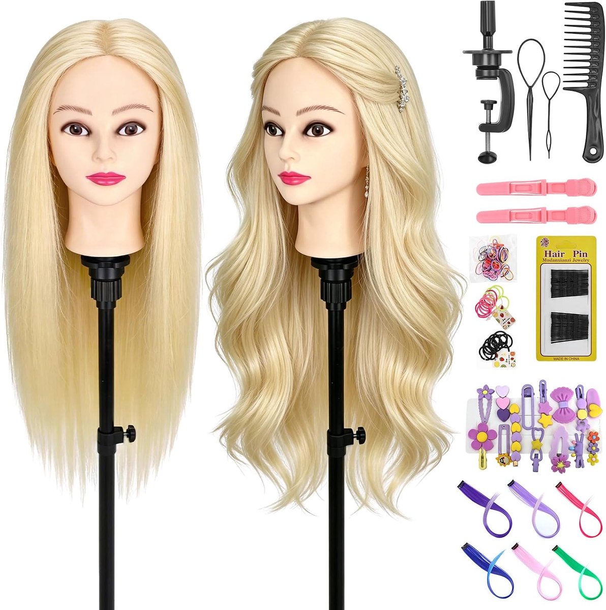 60 cm kapper trainingshoofd, 80% echt haar, mannequin hoofd, poppenhoofd voor haarstyling met tafelklem + doe-het-zelf vlechtset (beige)