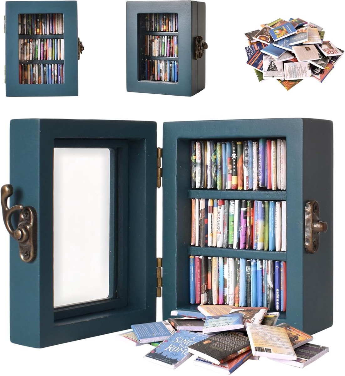 Mini-boekenkast, mini-boekenkast van hout met 60 kleine boeken, miniatuur boekenkast ter verlichting van angst, decoratieve boekenplank voor boekenliefhebbers en woondecoratie (blauw)