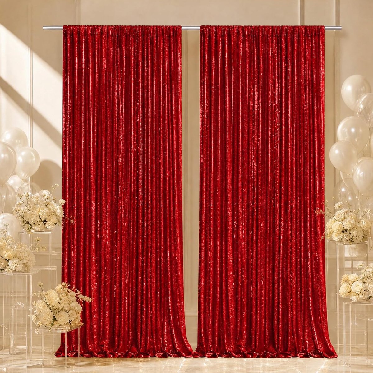 2 stuks glinsterende gordijnen, 60 x 240 cm, bruiloftsgordijn met pailletten, glittergordijn, glinsterende pailletten, feestachtergrond, gordijn voor bruiloft, ceremonie, verjaardag, rood