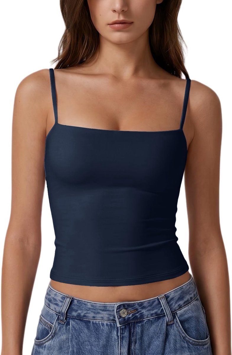 Tanktop voor dames met vierkante hals, crop top met verstelbare spaghettibandjes, zomer, onderhemd van dubbele stof, elegant, slim fit Y2K, basic tops, onderjas, casual, camisole