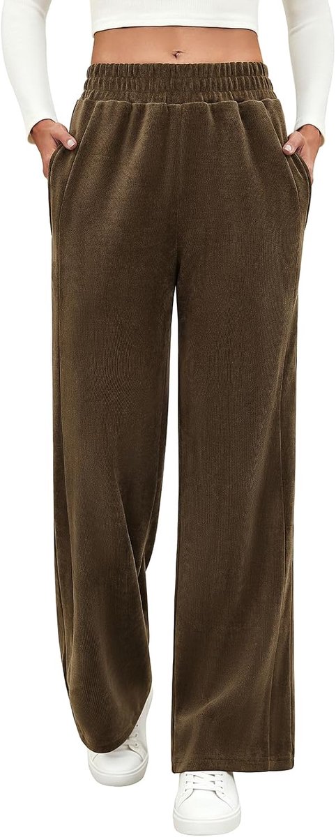Damesbroek, wijde pijpen, stoffen broek, elastische hoge taille, elegante vrijetijdsbroek, lang, los, rechte snit, comfortabele herfstbroek met zakken