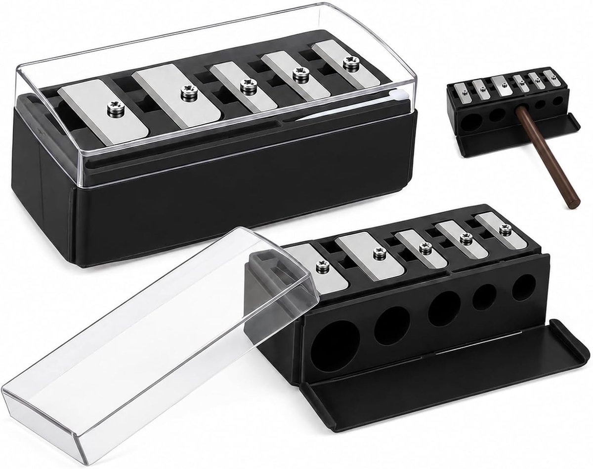 2 stuks, 5-gaats puntenslijper, kajalstift, puntenslijper met houder, universele puntenslijper voor wenkbrauwpotlood, eyeliner, precisie-messen, handig voor onderweg