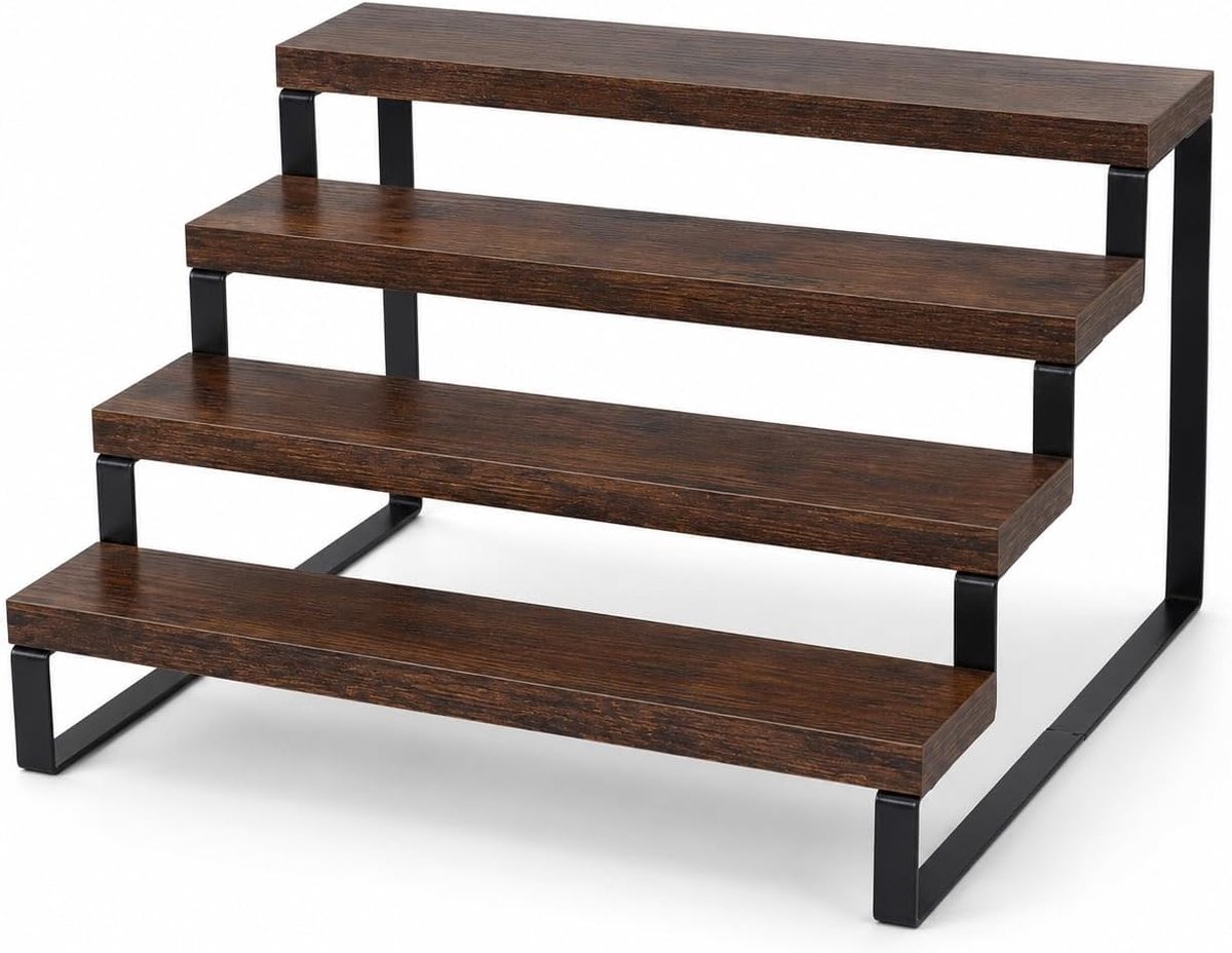 4 etages, houtlook, parfumstandaard met metalen frame voor make-uptafel, badkamer, werkblad, displayrek voor parfum, cosmetica, nagellak, specerijen, planten, bar, flessen