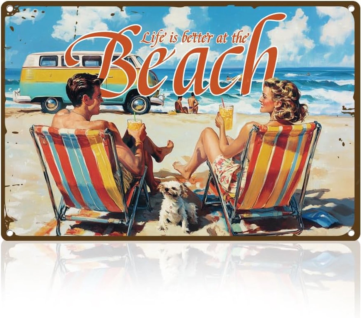 Muurdecoratie voor zomer, strand, vakantie, koppels, metalen tinnen bord, 20 x 30 cm, leven is beter op het strand, vintage muurkunst poster voor aan zee thuis koffiekamer clubs