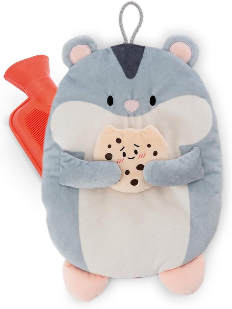 61939 Warmwaterkruik hamster Shai met cookie, 300 ml, 30 cm, grijs, behaaglijk warmtedier maanden, pluchen dier, warmwaterkruik voor kinderen en volwassenen