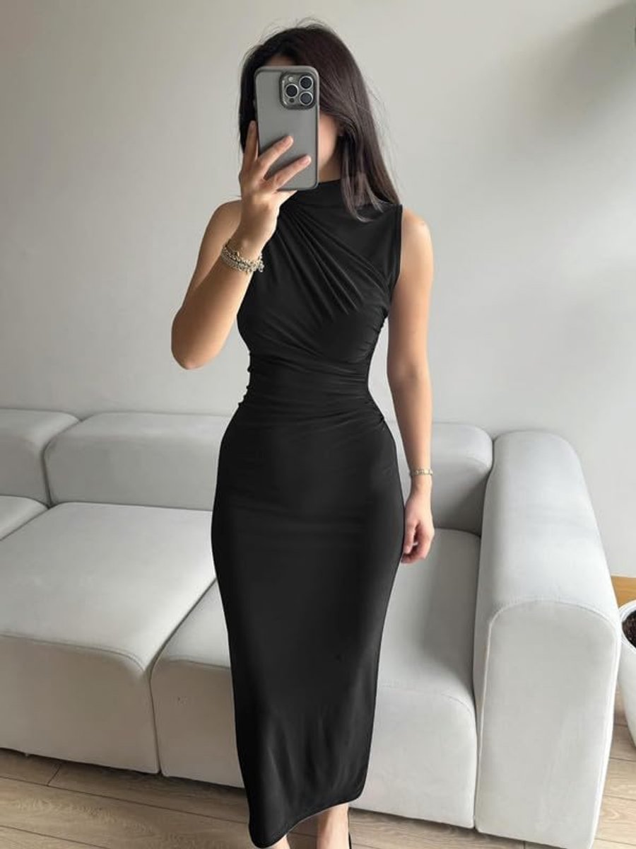 Damesjurk, lang, sexy, mouwloos, hoge kraag, zomerjurk, bodycon maxi-jurk met split, cocktailjurk, curvend, nauwsluitend, voor feestjes, avondevenementen, bruiloften