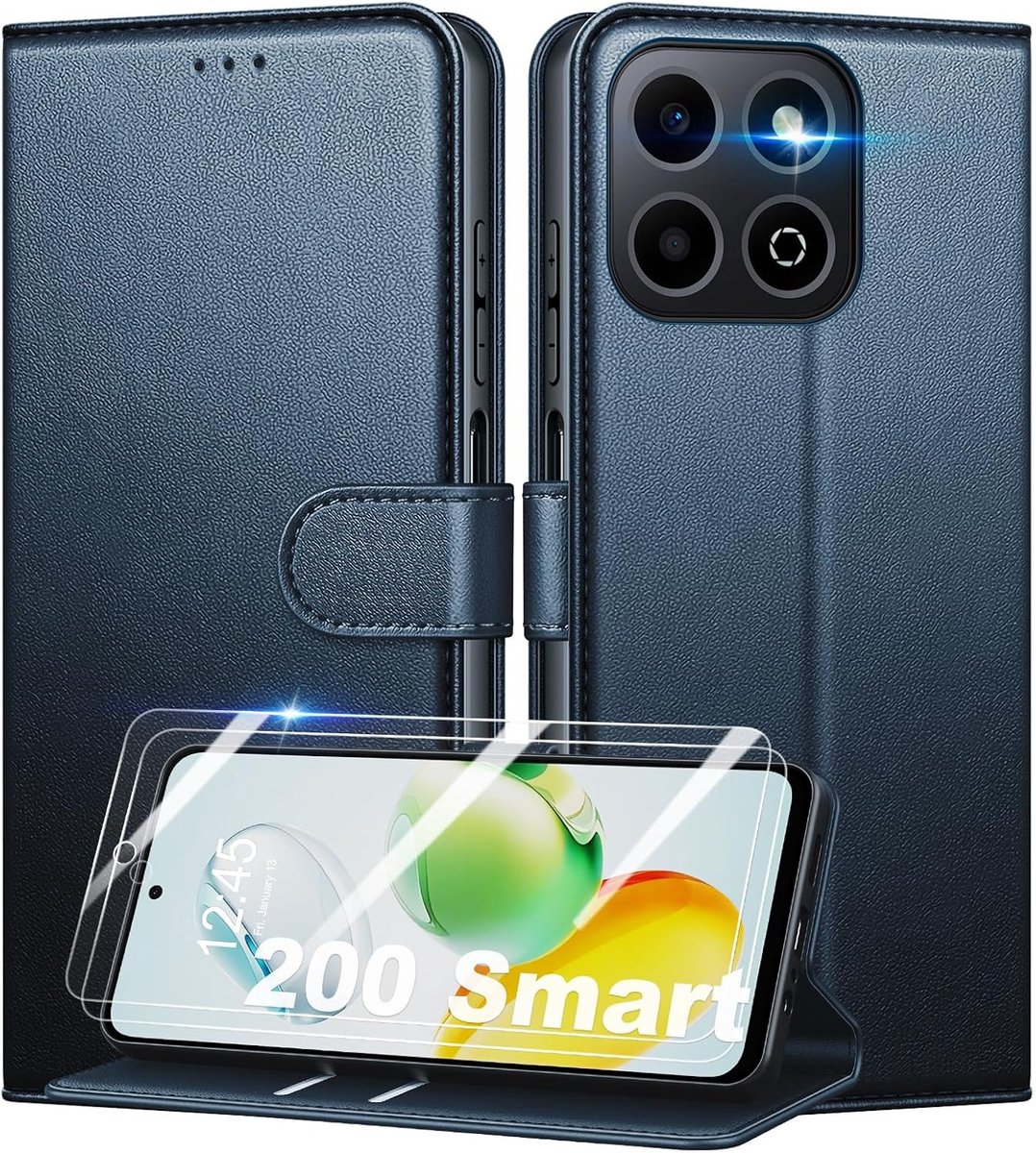 Telefoonhoesje voor Honor 200 Smart, hoes met 2 pantserfolie, RFID-blokkering, kaartenvak en standaard, premium PU-magneet, inklapbare hoes met pantserglas, multifunctioneel, blauw
