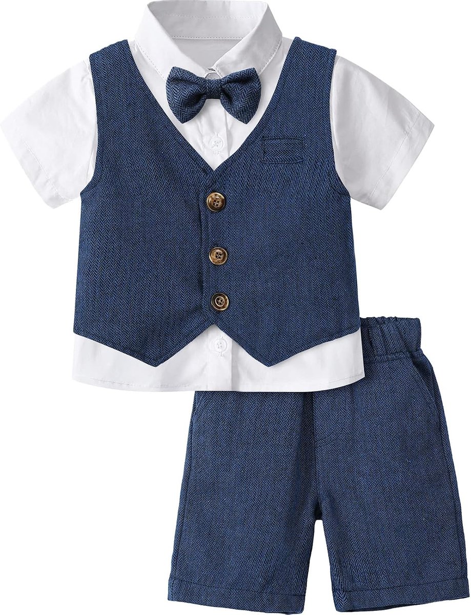 Mintgreen Baby Jongen 3st Gentleman Pak, Visgraat Bruiloft Doop Outfit Shirt & Vest & Korte Broek, 1-6 Jaar