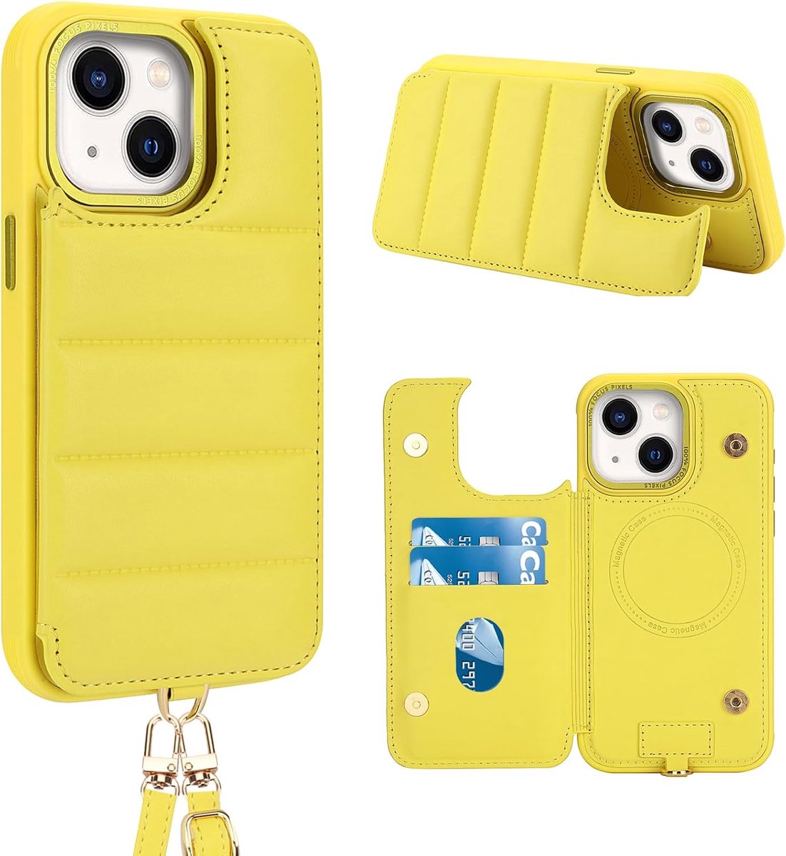 IPhone 13/14 beschermhoes Crossbody Premium Koord met schouderriem en verstelbare polsriem lederen portemonnee flip portemonnee hoesje voor vrouwen, geel