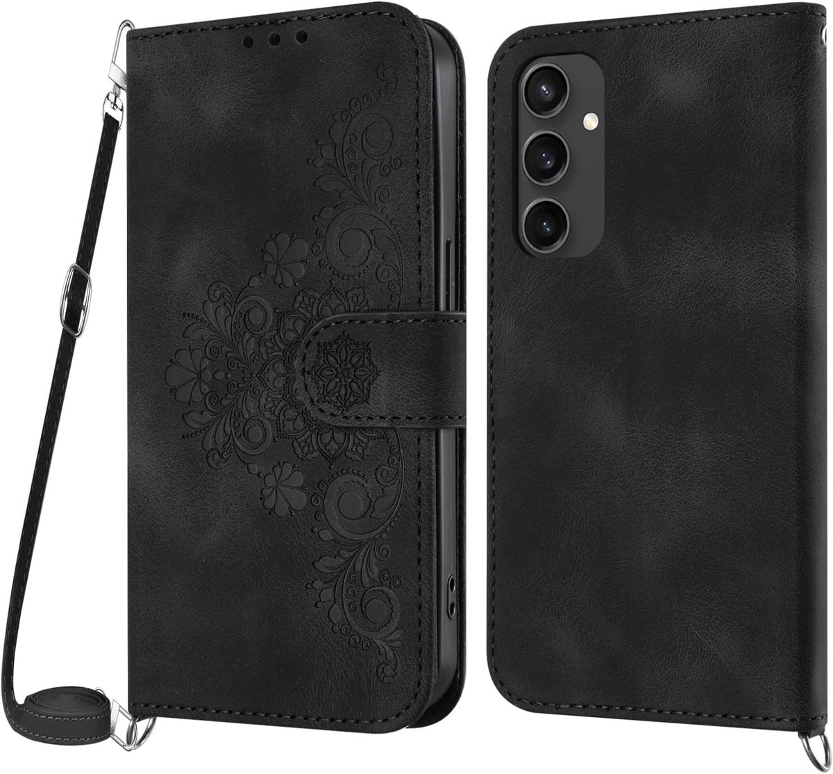 Hoesje voor Samsung Galaxy S24 FE met koord, Lederen Flip Wallet Telefoon met pasjeshouder Kickstand Magneetsluiting Compatibel met Samsung S24 FE - Negro