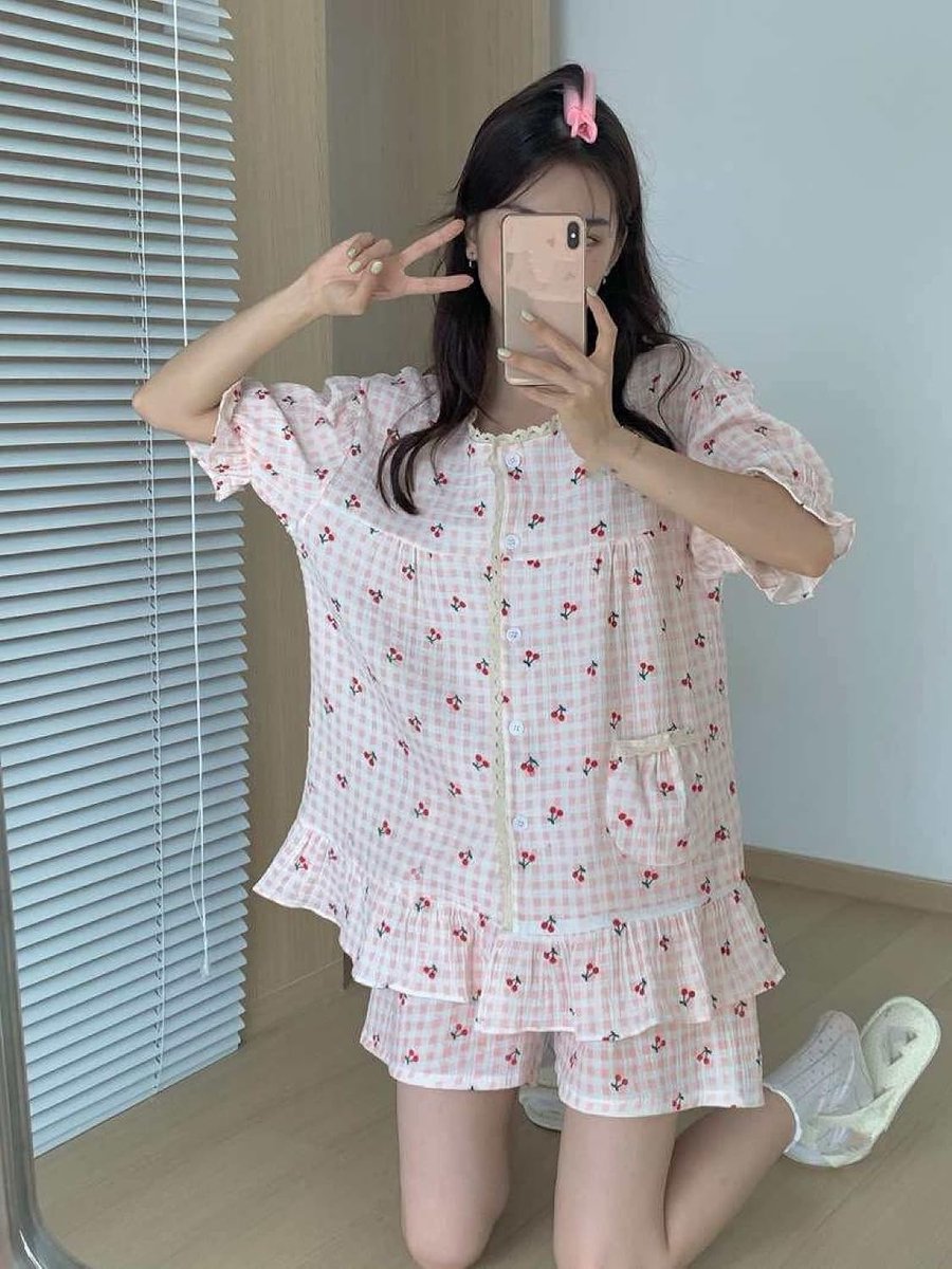 Zomer Kanten Pyjama Set Met Ronde Hals - Zoete Geruite Kersen Print Kant Nachtkleding Set Met Korte Mouwen Loungewear, Modieus Ruches Ontwerp Casual Shorts Homewear Sleepshirt Set,Roze,One Size