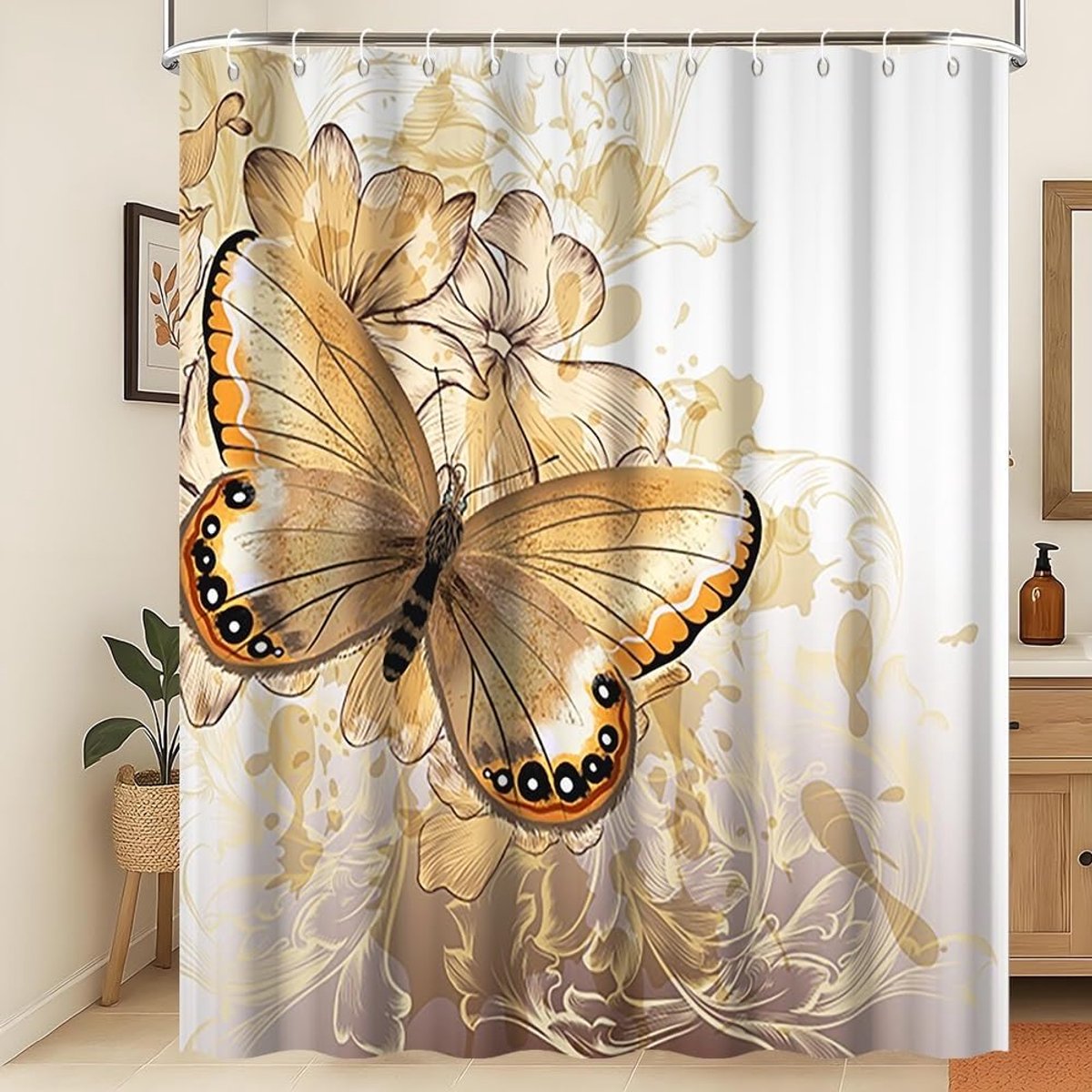 Douchegordijn 3D God Vlinder Bloemen Badkamer Gordijn Aquarel Vlinder Goud Bloeiende Bloem Waterafstotend Stof Douchegordijn Wasbaar Digitaal Bedrukt Decor 180x180cm