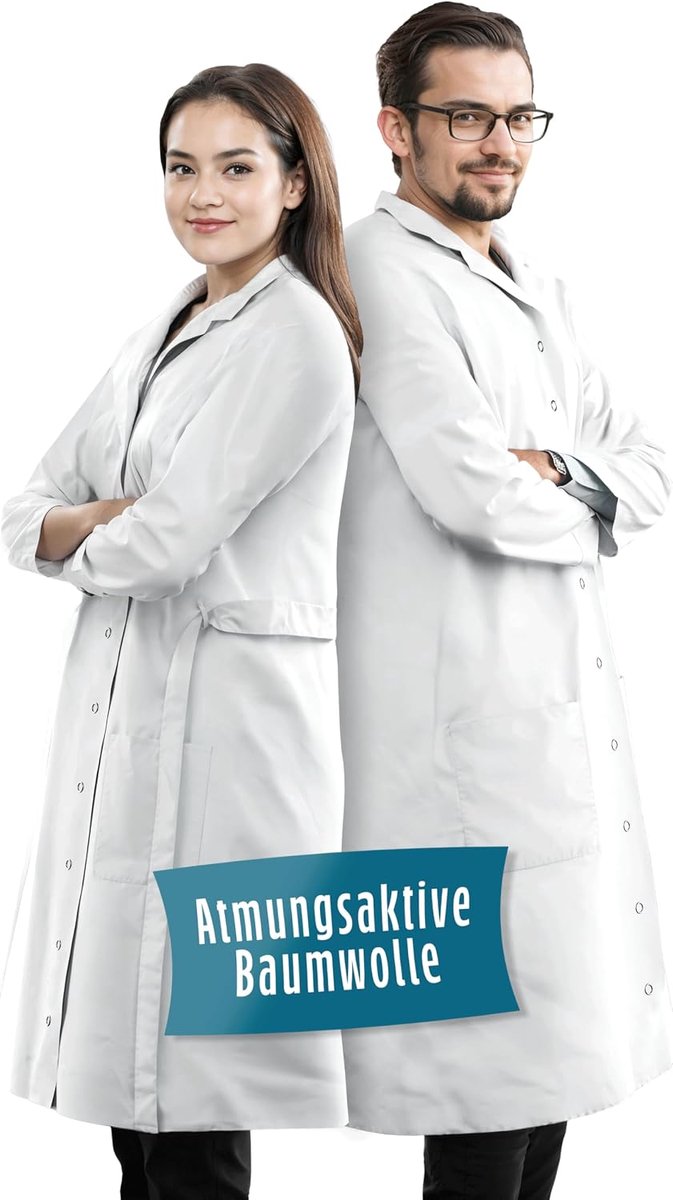 Wit van 100% katoen (200 g/m²) met meerdere zakken voor laboratoria, ziekenhuizen, doktersberoepen, studenten, scholen, voor dames en heren.