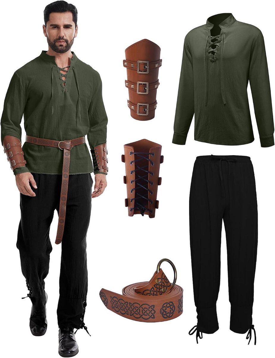 Vikingkostuum voor heren, 5-delige renaissance-kostuumset met broek met accessoires, voor Halloween, carnaval, piraten, cosplay