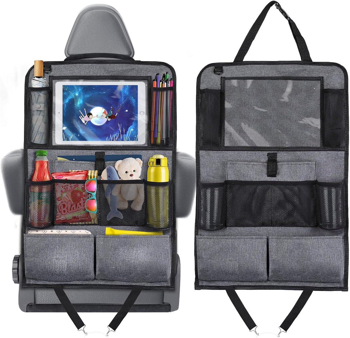 Rugleuningbescherming voor in de auto, 600D Oxford-stof, waterdicht en onderhoudsvriendelijk, autostoelorganizer met 12 inch tablettas, autostoelbeschermer, rugleuning voor kinderen