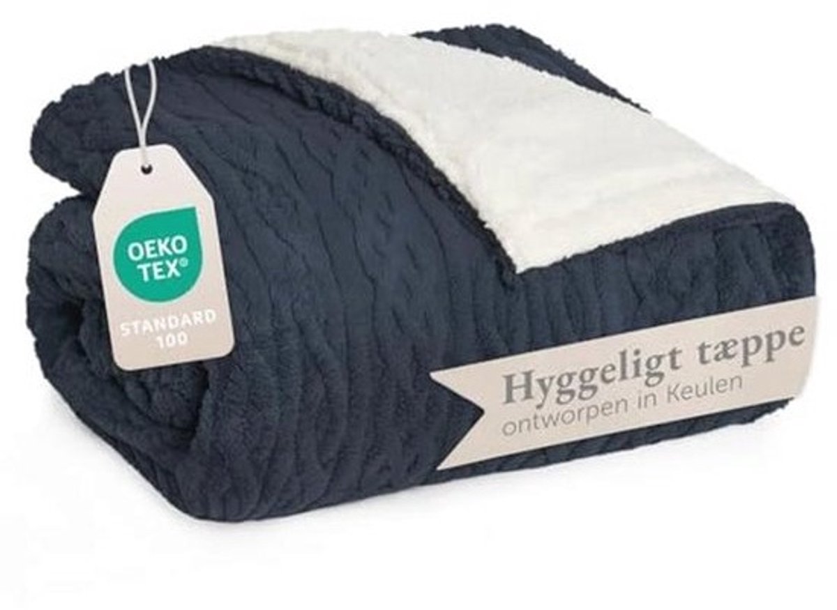 Fleece Deken met Kabelgebreide Look - 150x200 cm - Oeko-TEX Gecertificeerd - Microvezel Deken met Zachte Sherpa Binnenkant - Donkerblauw en Ivoor