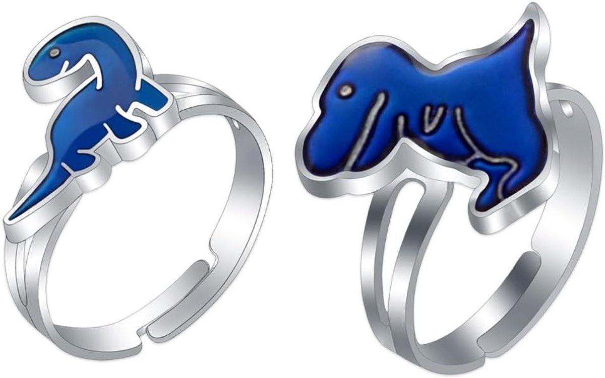 Ringen, dinosaurus-design, 2 stuks, verstelbaar, feestsieraden, kleurverandering, accessoires voor kinderen en volwassenen