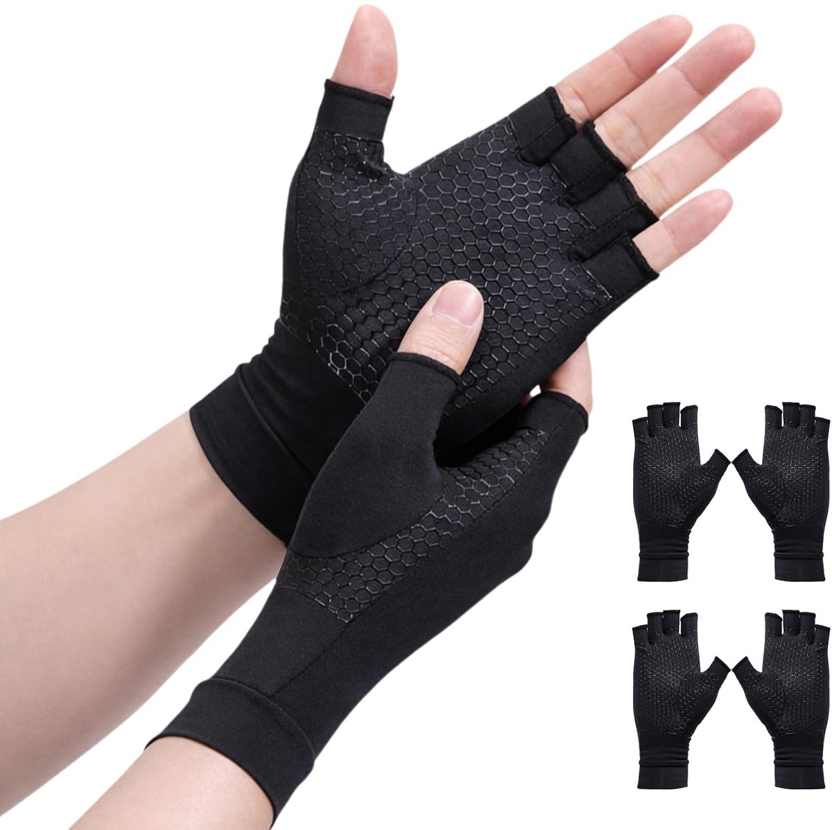 2 paar artrose handschoenen met koper, compressiehandschoenen, vingerloos, trainingshandschoenen voor heren en dames, sporthandschoenen voor werk, slapen, sport, biedt grip en warmte voor de vingers