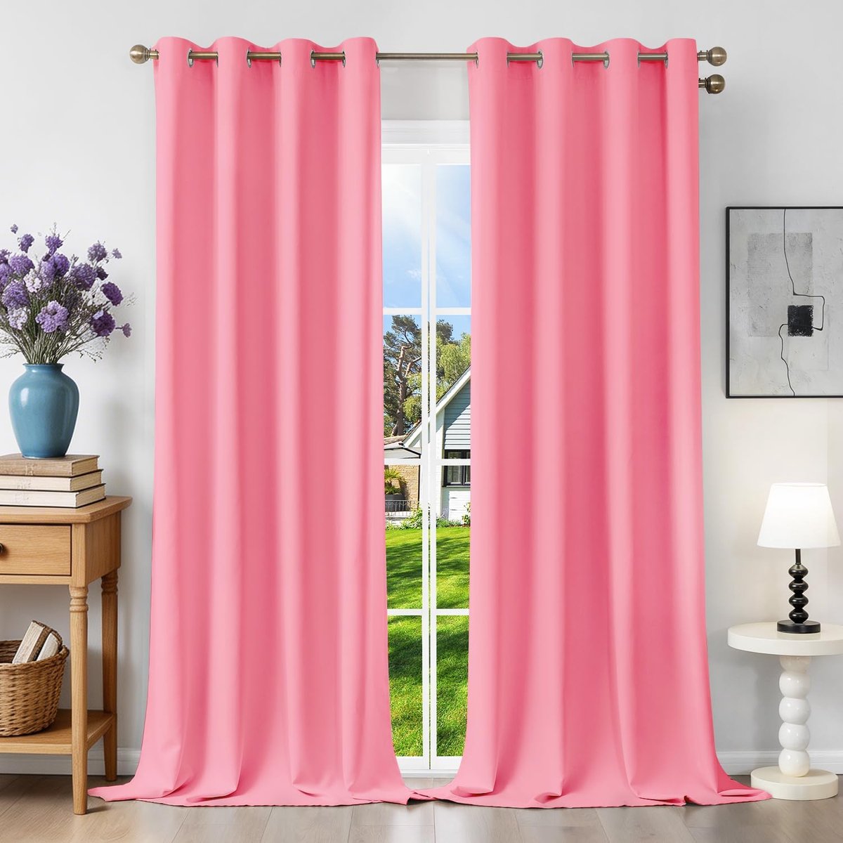 Ondoorzichtig, anti-kou, 140 x 245 cm (b x h), 2 stuks, ondoorzichtig, roze, met oogjes, anti-hitte, uv-bescherming, lawaai, voor binnen, decoratie, kleedkamer, woonkamer