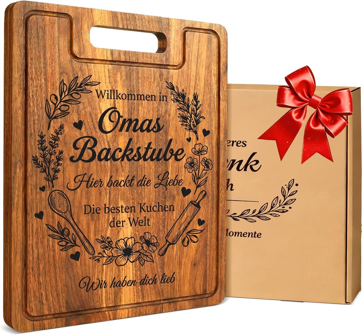 Geschenken - cadeau voor oma van kleinkinderen, gepersonaliseerde XXL snijplank van acaciahout met gravure, geschenkdoos, beste oma moederdagcadeau, en kerstcadeaus