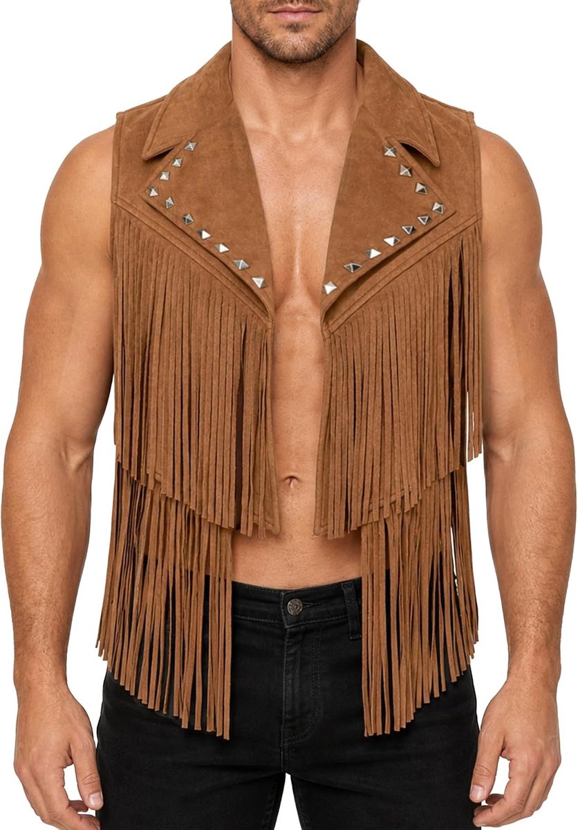 Herenvest met franjes, kostuum, cowboy, hippie, vest, kort, mouwloos, jas, kwastjes, retrovest, comfortabele kleding, discoparty, carnaval, rave, S-2XL