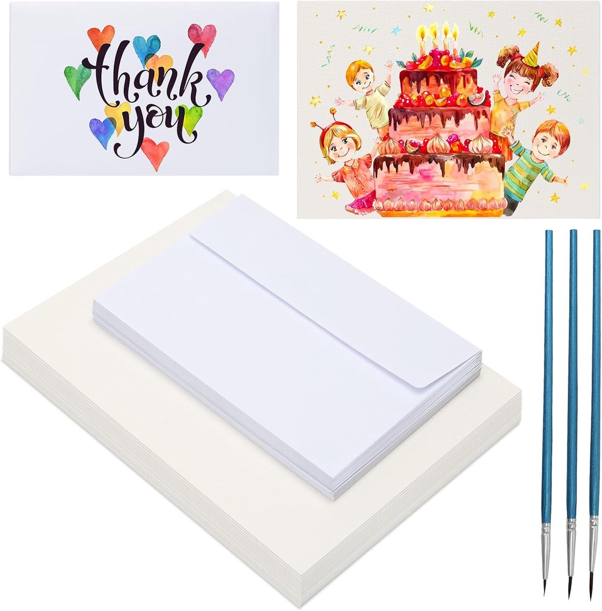 Aquarelpapier met enveloppen, A5 formaat 300 g/m² tekenpapier bulk met 3 penselen, opvouwbare blanco aquarelkaarten voor wenskaarten, uitnodigingen, ansichtkaarten