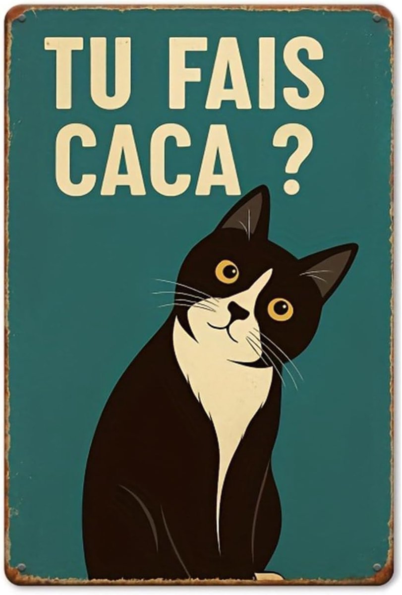 Vintage Metalen Bord „Tu Fais Caca?“ - Grappige Zwarte Kat Decoratie Voor Badkamer En Toilet - 20x30cm Retro Schild