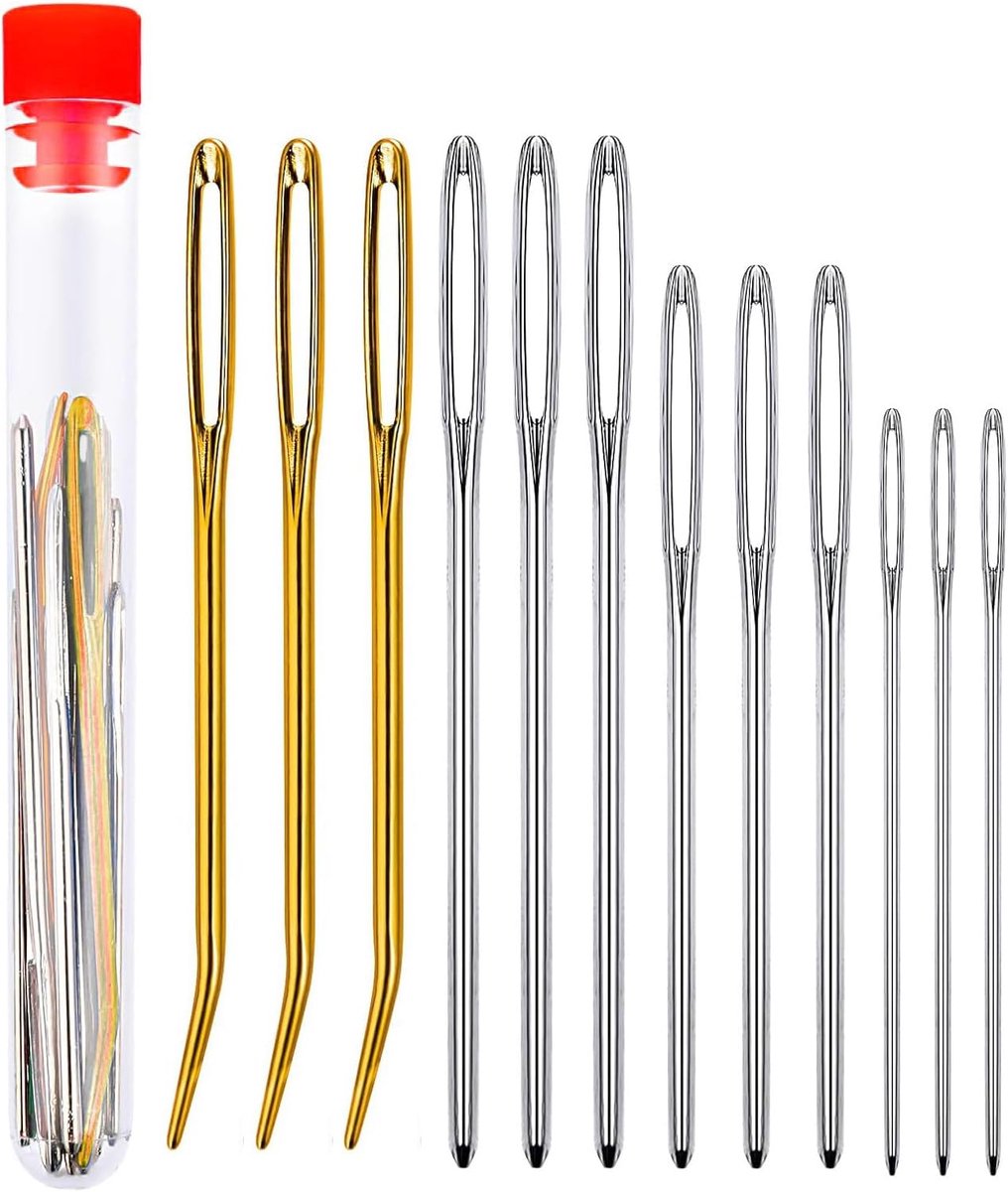 Set van 12 naainaalden, 3 gouden gebogen 9 zilveren, recht, 5,5 cm, 6 cm, 6,7 cm, robuuste borduurnaalden voor breien, haken, handnaaien, leer, handwerk, handnaaien, lederhandwerk, opbergbuizen