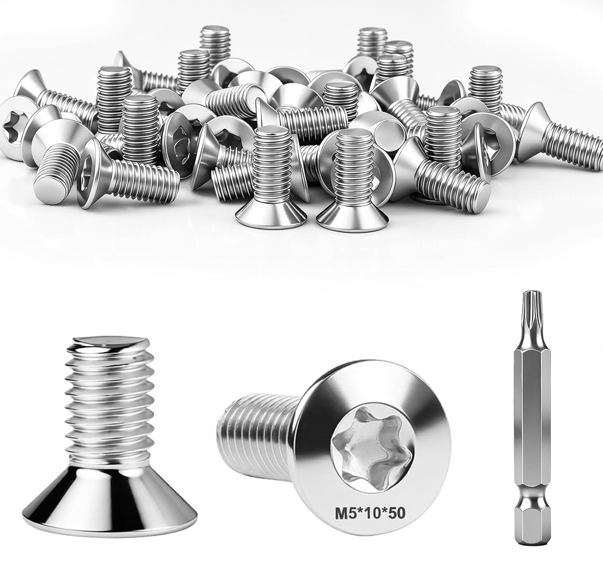 50 stuks verzonken schroeven, M5 x 10 mm, M5 verzonken kopschroeven, roestvrij staal, 304, A2, V2A, met torx-sleutel, zeskantige schroefkop voor hout, machines, apparaten, meubels