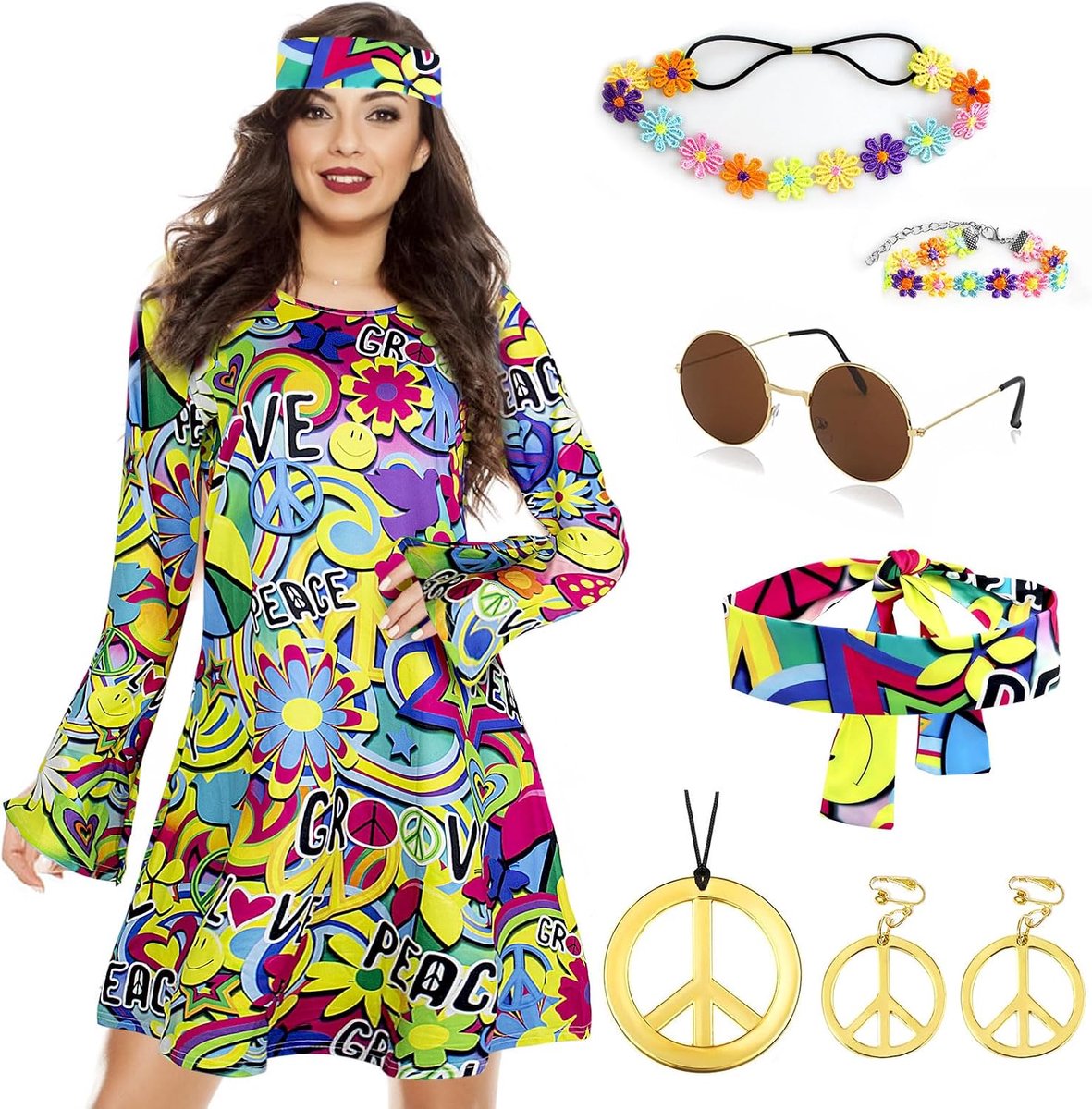Jaren 70-kleding voor dames, jaren 60-kostuum, hippiekostuum voor dames, jaren 60, 70, kostuum, carnaval, cosplay, feest