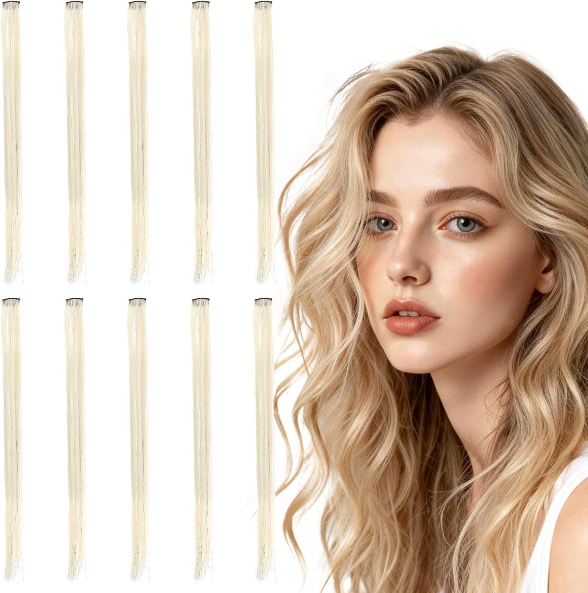 10 stuks gekleurde haarverlengingen, haarverlengingen om vast te klemmen, 55 cm, clip-in extensies, blond, haartinsel, voor vrouwen/meisjes, vlechten haar, lametta, festival, cosplay