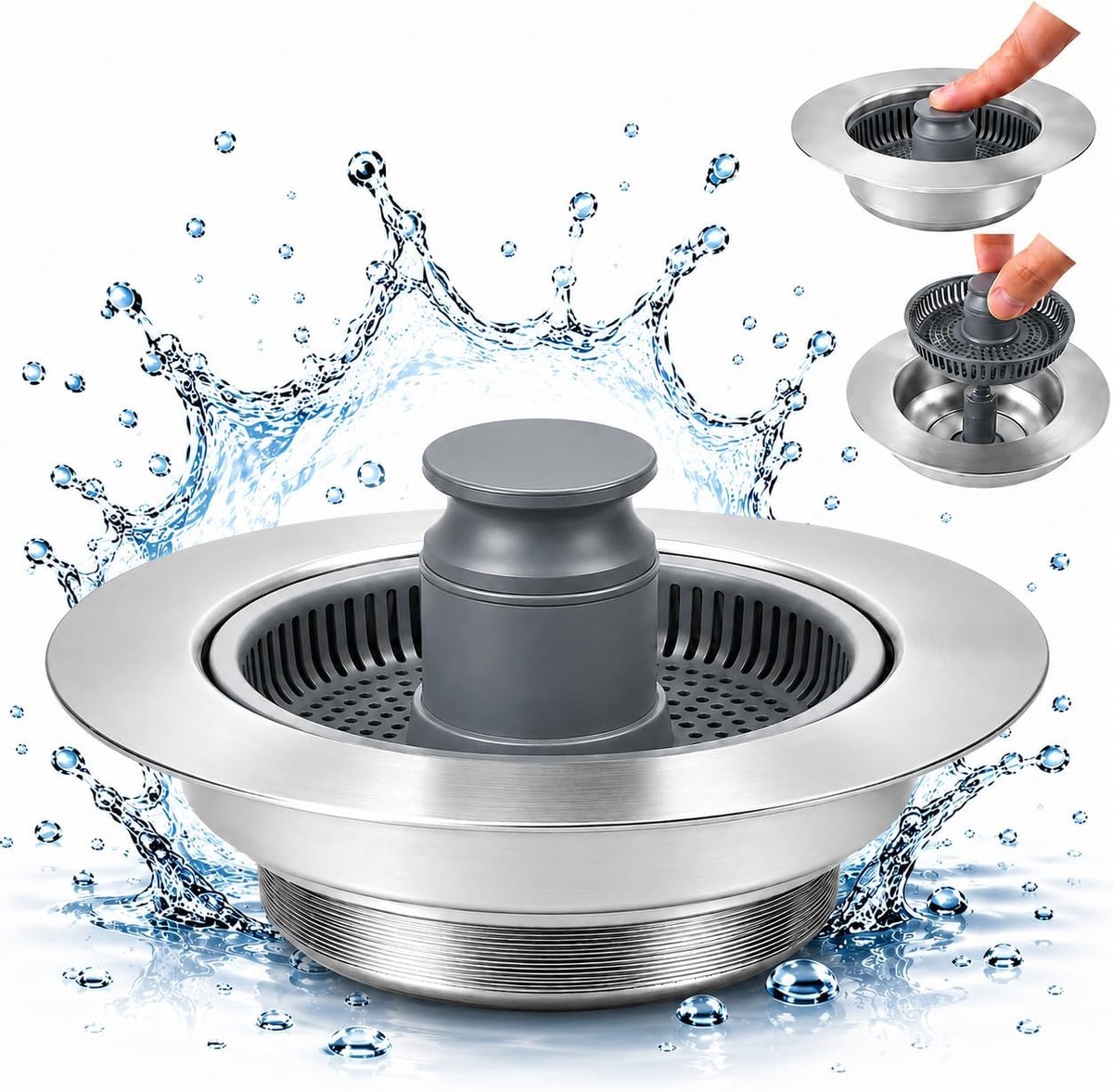 Zeef en combo-stop, 3-in-1, afvoergat 72-86 mm, universele pop-up afvoerstop, roestvrij staal, met filtermand, verstoppingsbescherming, voor gat, afvoer, keuken, badkamer