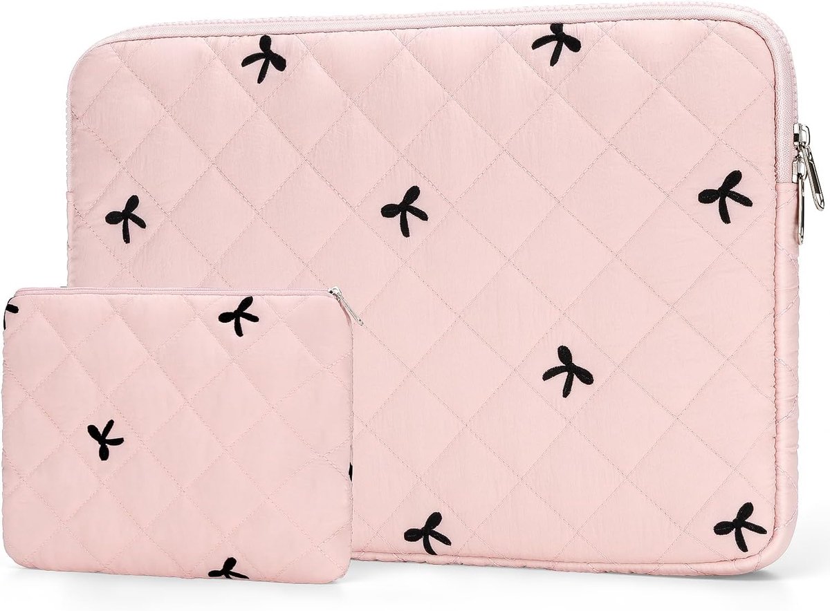 Laptophoes 13-14" met Geborduurde Strikjes & Accessoirezakje, Roze