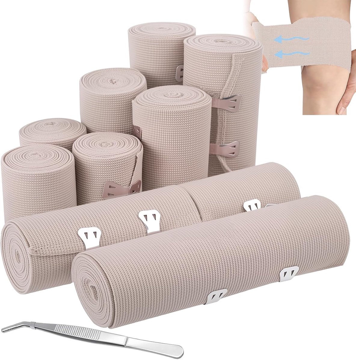 Zwachtels 10 Stuks, Elastisch Verband in 4 Maten (5/7,5/10/15 cm), Herbruikbaar Compressieverband met Metalen Clips, Steunverband voor Pols, Enkel, Knie, Elleboog en Sport