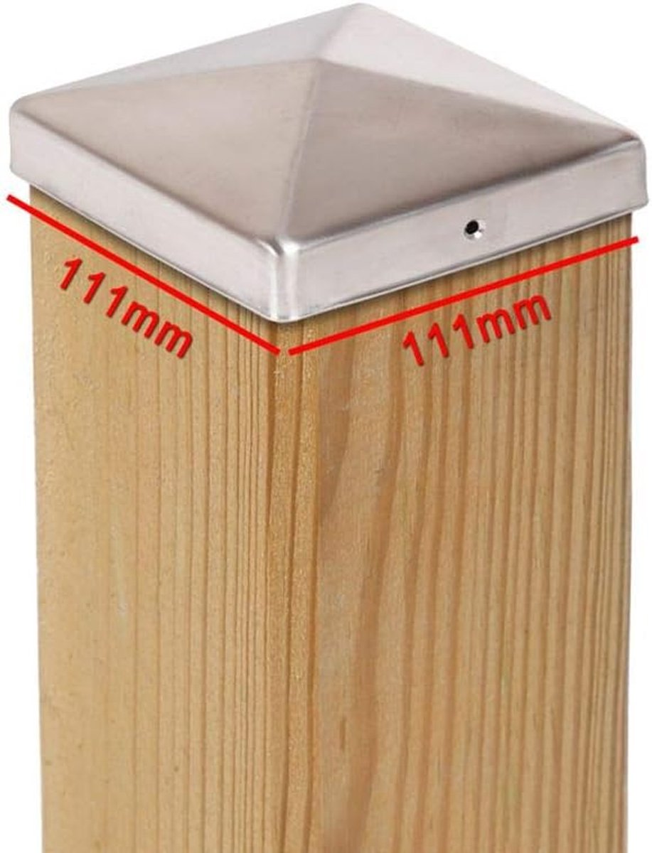 5 Paalafdekdoppen piramidevorm, roestvrij staal, 111 x 111 mm, voor houten palen