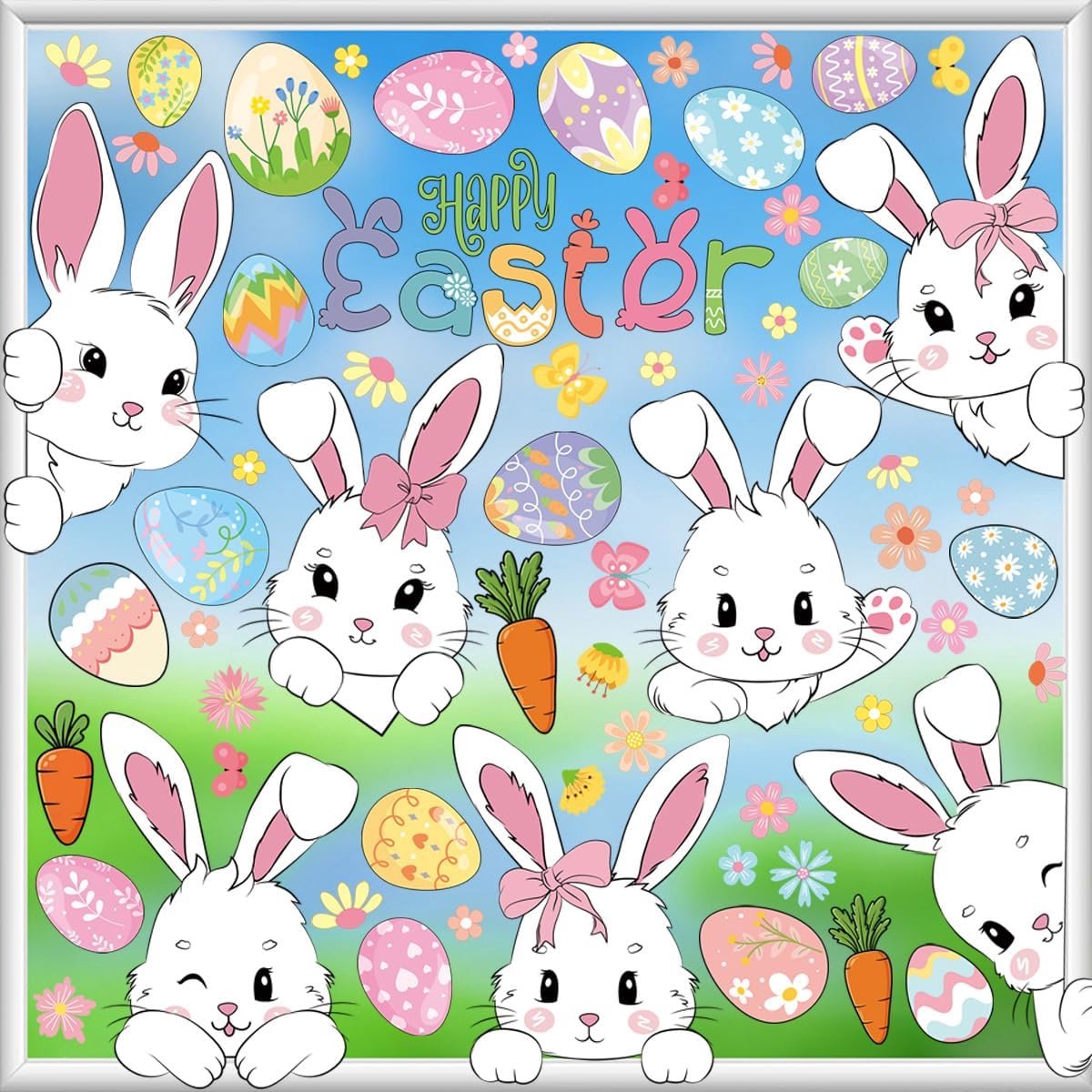 Raamstickers voor Pasen, herbruikbare stickers met haasjes en eieren voor lentedecoratie, ideaal voor een lente- en vakantiedecoratie in je huis