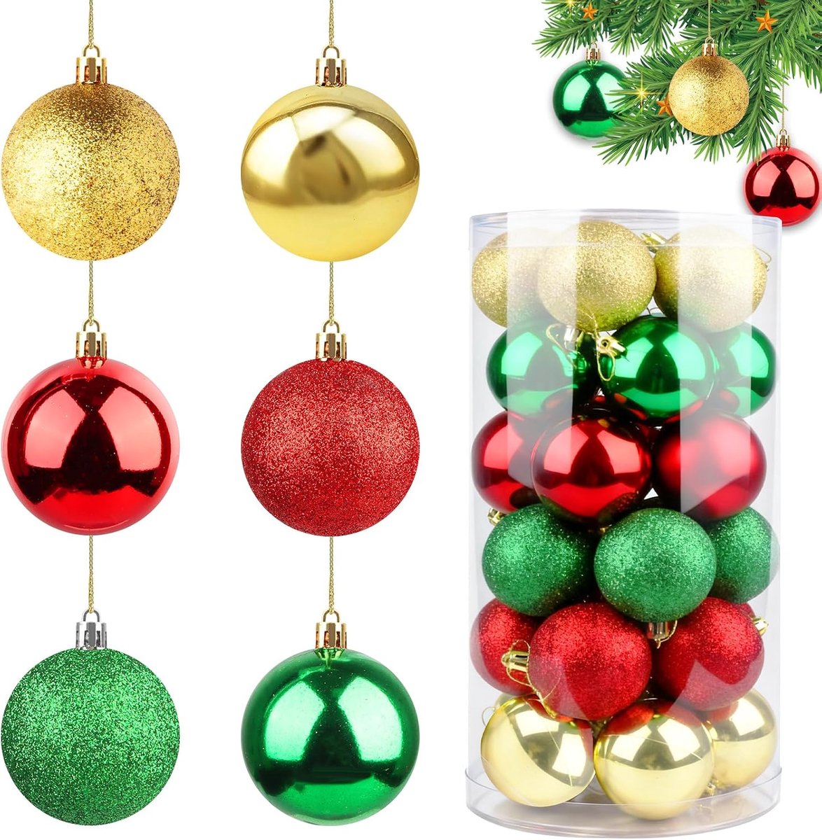 Kerstballen, 60 mm, 30 stuks, nostalgie, rood, groen, goud, reuzenwit, extravagant, kerstdecoratie, nieuwigheden met ophanghaakjes, kerstboomdecoratie, Kerstmis, bruiloft, feest