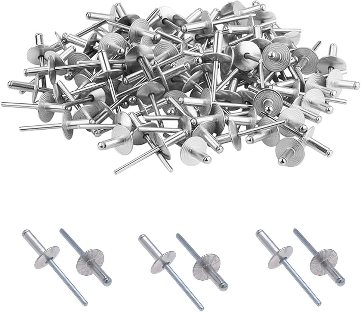 50 stuks aluminium blindklinknagels met grote flens 4,8 mm x 12 mm, klinknagels voor motorfiets klinknagels, blindklinknagels van aluminiumlegering, voor binnen en buiten, gebouwen (zilver, M4,8 x 12)