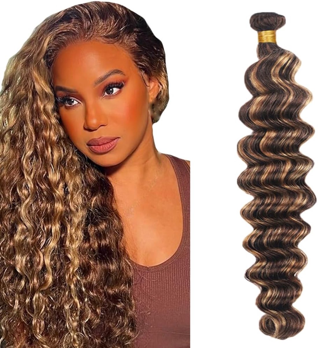 Highlight Brown Color Deep Wave Echt haar pruik Bundles Human Hair Extensions Unprocessed Brazilian Virgin Menselijk haar Bundles Soft and Silky For Women 14 Inch