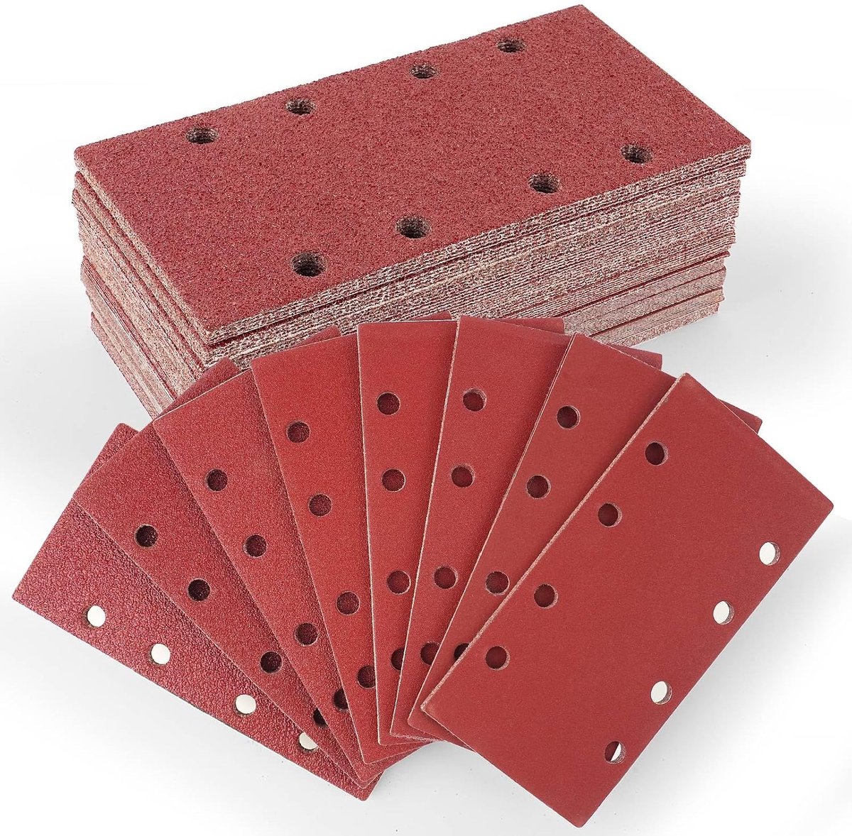 80 stuks, 93 x 185 mm, 40/60/80/120/180/240/320/400, korrelgrootte klittenband schuurbladen 8 gaten voor vlakschuurmachine, rechthoekig, schuurpad voor hout, metaal, lak, kleur
