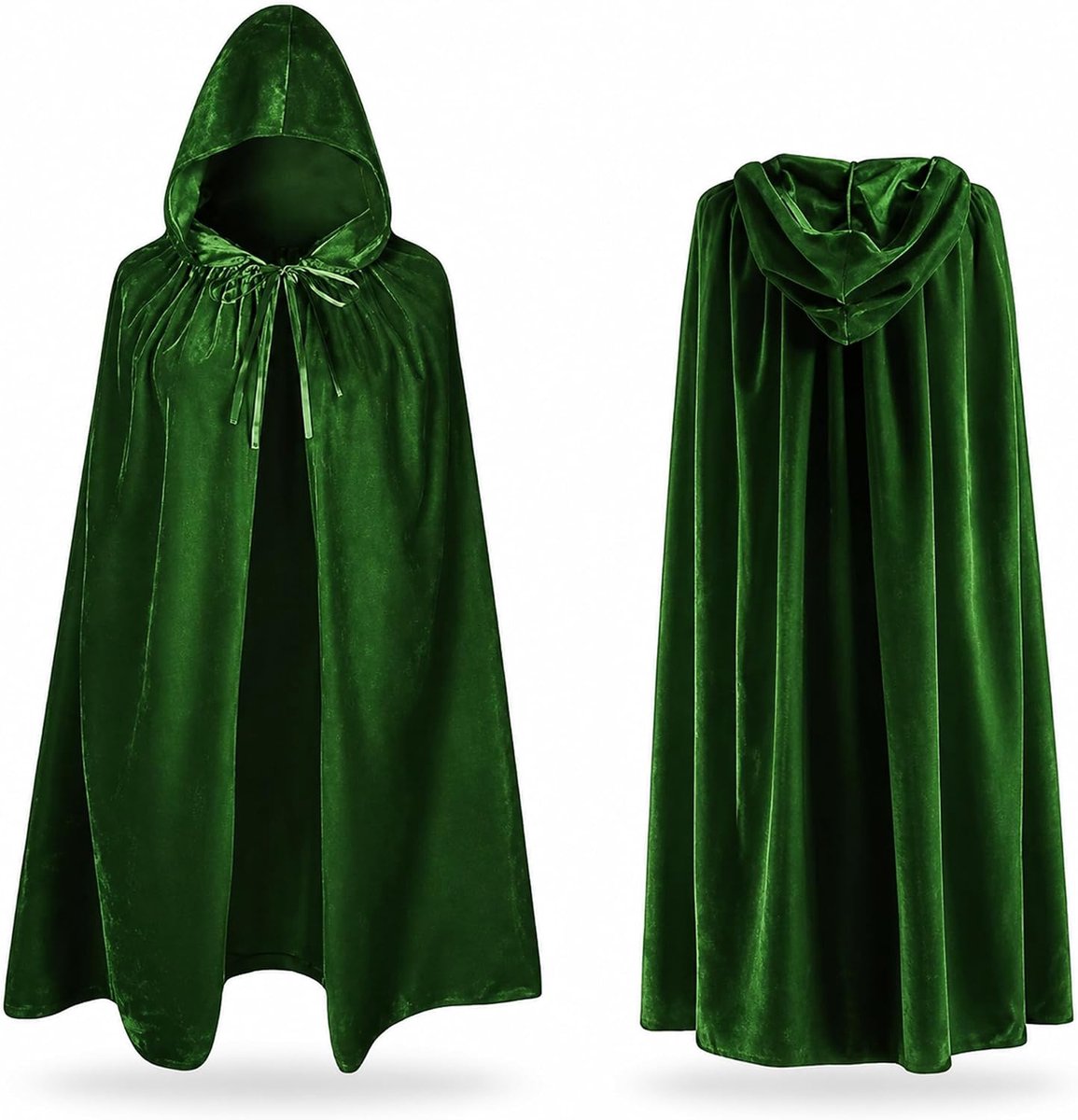 Cape voor Halloween, fluweel, groen, met capuchon, kostuum, volwassenen, 90 cm