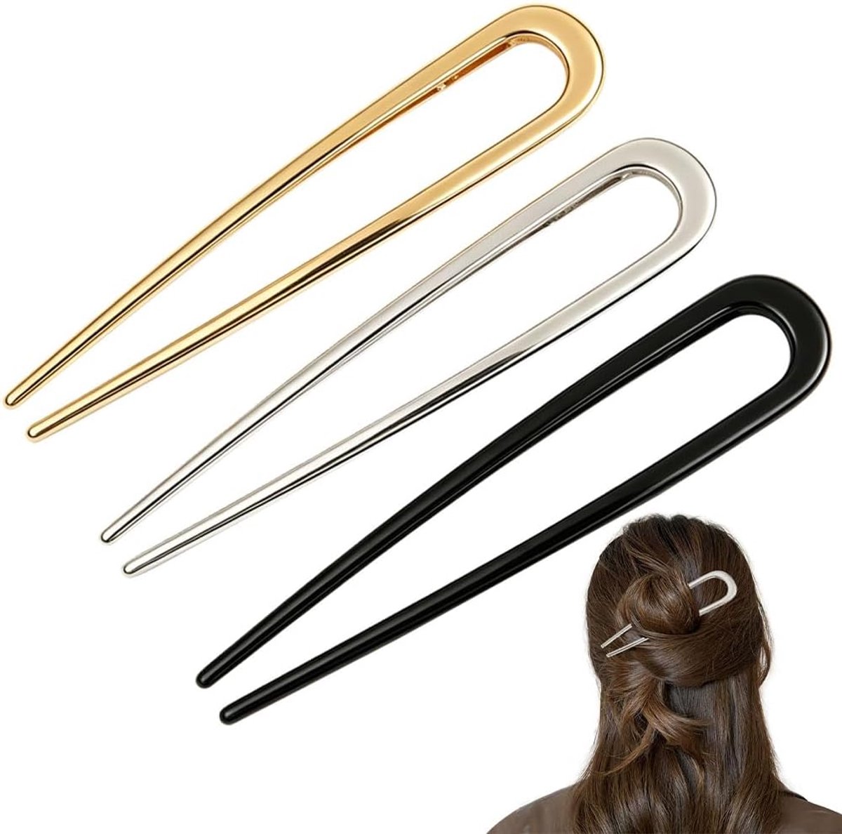 Franse haarspeld, 3 gouden, zilveren, zwarte twist, U-vormige vork, metaal, 14 cm, grote opgestoken haarspeld voor vrouwen, meisjes, alle kapsels, decoratieve accessoires