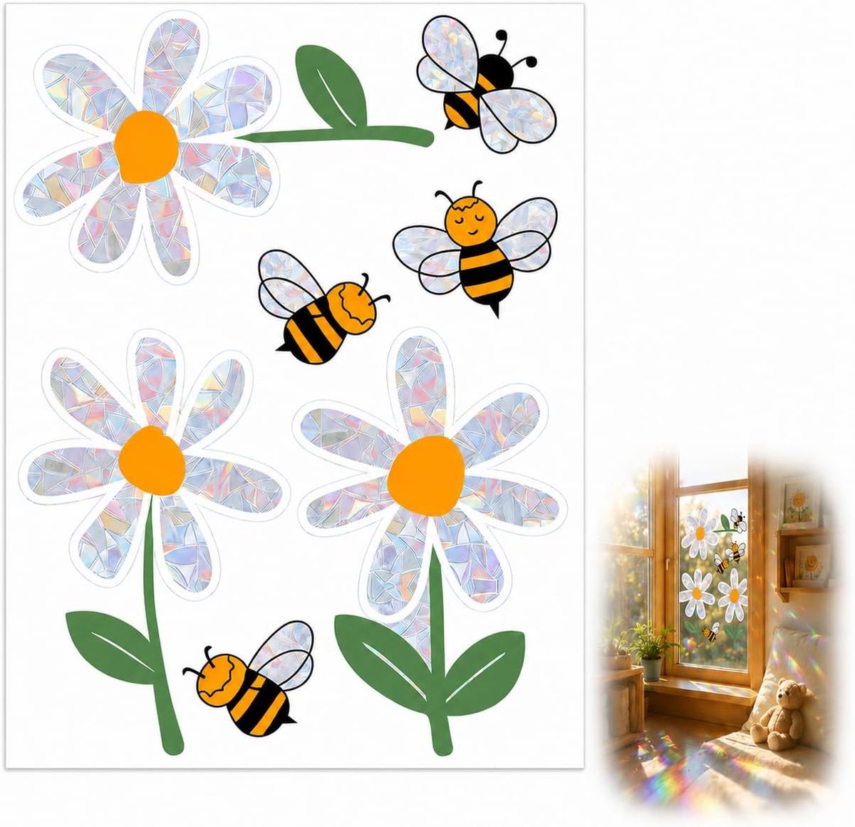 Raamstickers met bijenbloemen, 30 x 40 cm, semi-transparante raamdecoratie met regenboog-prisma-effect, dubbelzijdig zichtbaar, statisch hechtend, wasbaar en herbruikbaar, voor lente en zomer