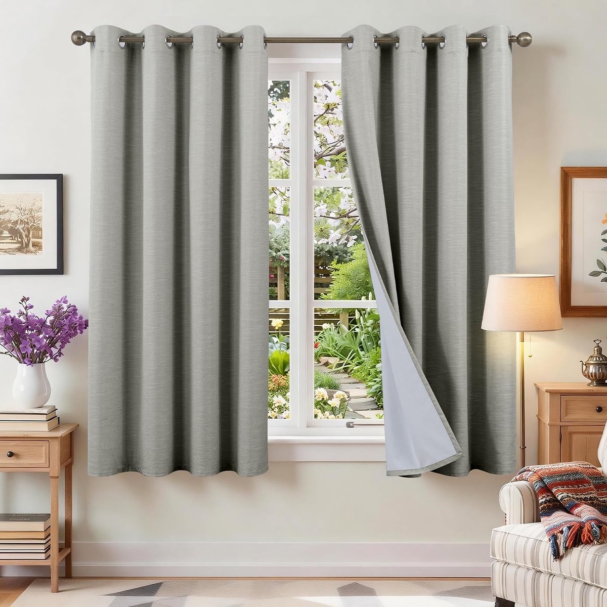 100% gordijnen, ondoorzichtig, linnenlook, gordijnen met inslagringen, linnen, set van 2, 140 x 120 cm (h x b), thermogordijn, hittebescherming, akoestisch, lichtgrijs