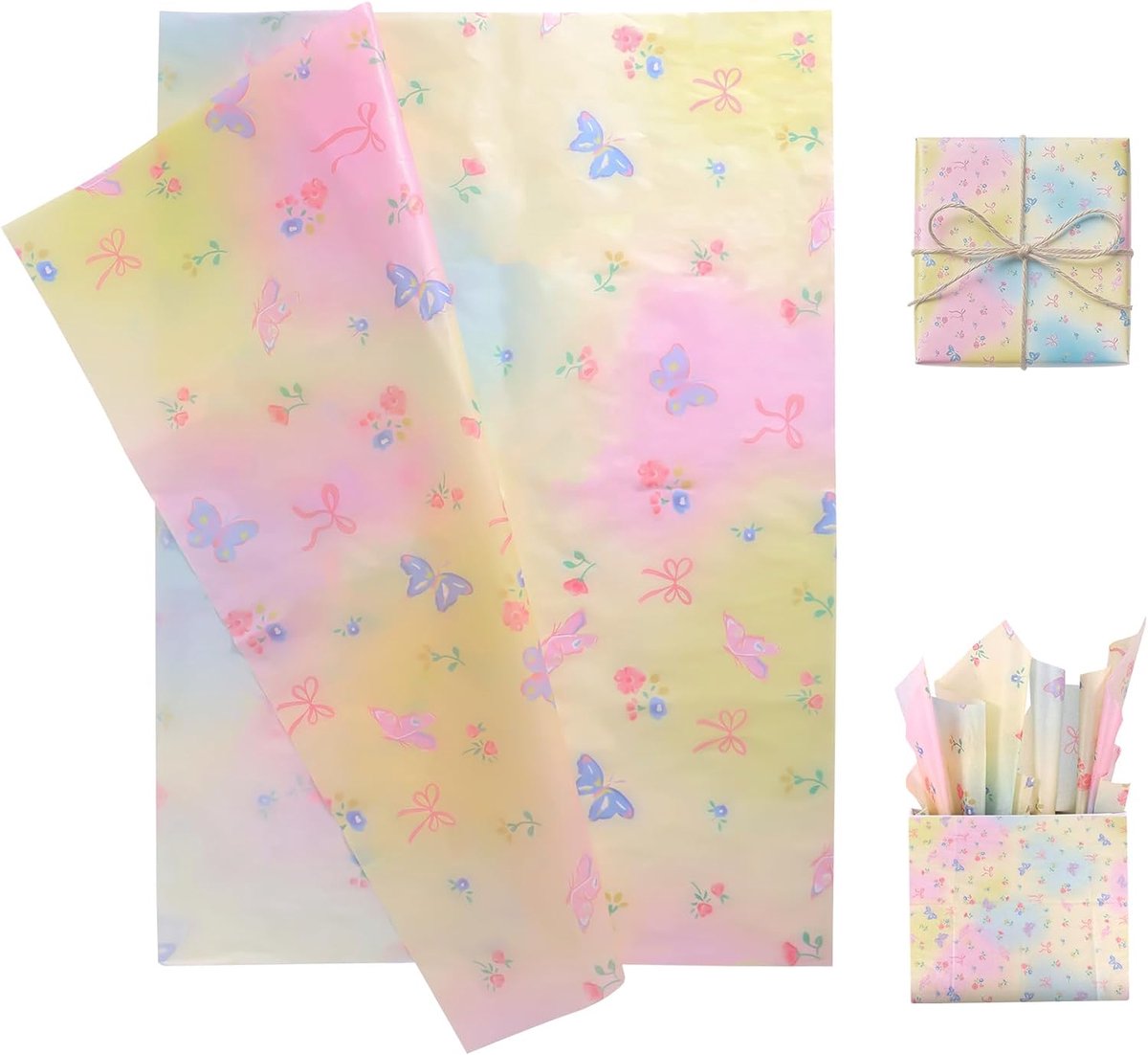 30st Vlinder Vloeipapier, 50x35cm Verloop Kleur Inpakpapier met Bloemen & Strik voor Cadeauverpakking DIY Handwerken Baby Shower Trouw & Verjaardag Feest Benodigdheden