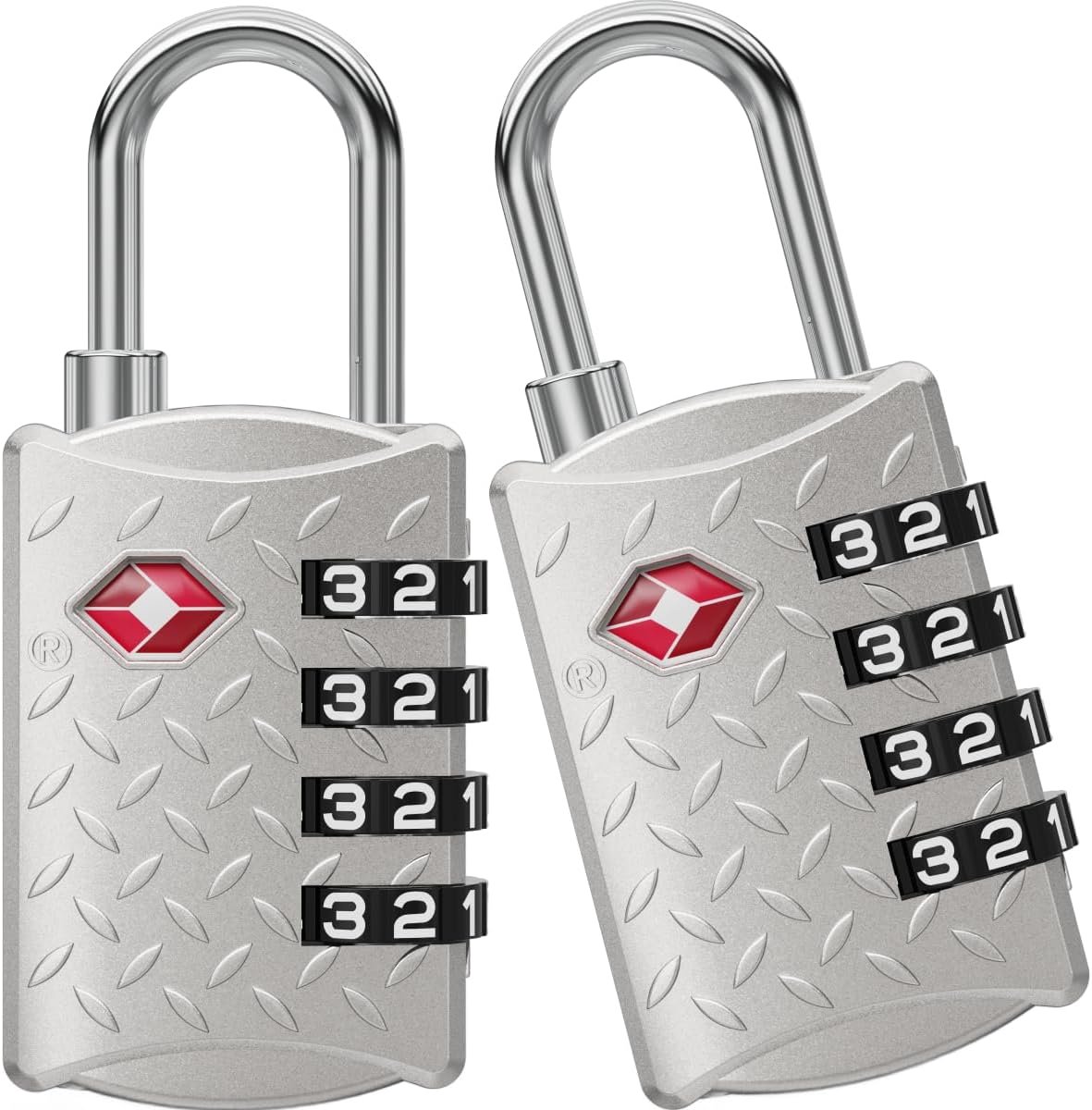Reisslot – 4-Cijferig Kofferslot met Antislip Structuur – Geschikt voor USA – Hangslot voor Koffers, Rugzakken, Handbagage, Reistassen – 2 Stuks, Zilver