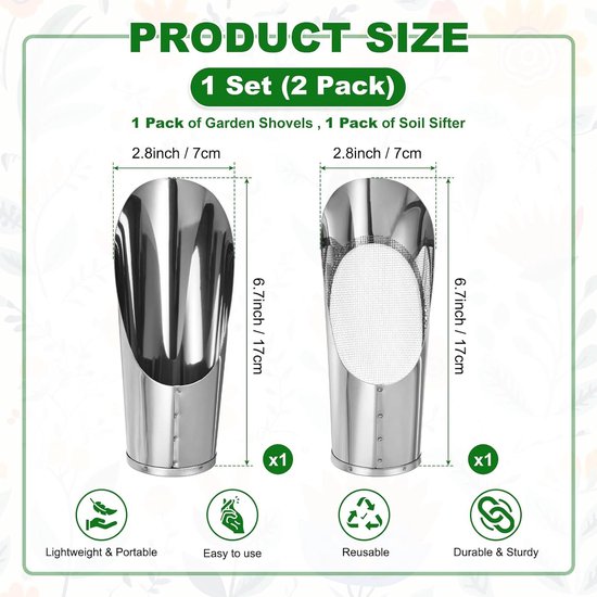 1-Set Bonsai Bodem Scoop, Roestvrij Staal Tuingrond Schep Emmer Schop en Grondzeef voor Verplanting/Bloem Planten/Plant Succulent, Klein Tuingereedschap [Zilverkleur] — afbeelding 2